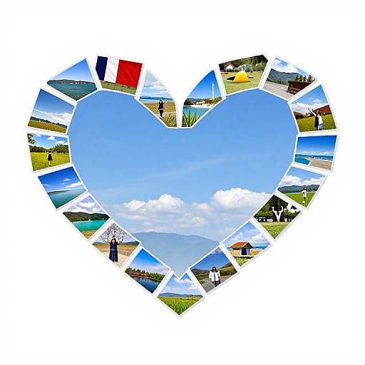 Photograph of a heart-shaped collage with a central blue sky and clouds, surrounded by diverse landscape and cultural photo segments.