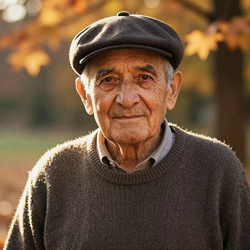 Photograph of an elderly man with wrinkled skin, wearing a black flat cap and dark gray sweater, standing in an autumn park with blurred orange leaves