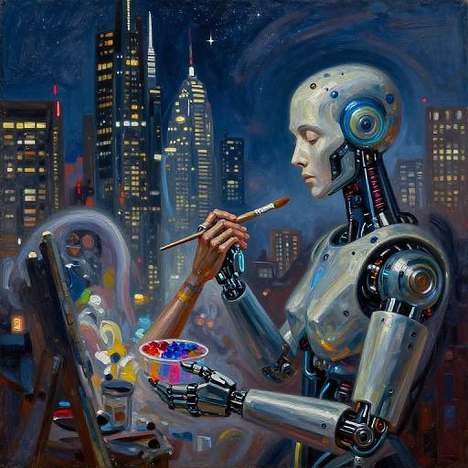 Digital painting of a silver robotic woman painting at a table, with a cityscape of brightly lit skyscrapers at night in the background. She holds