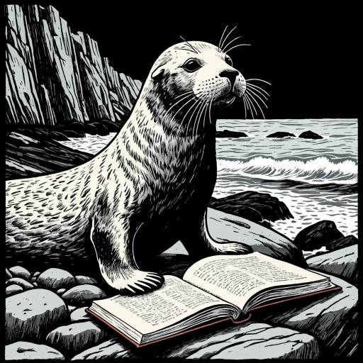 Vintage Seal Reading Book on Rocky Shore Vintage Seal Reading Book on Rocky Shore