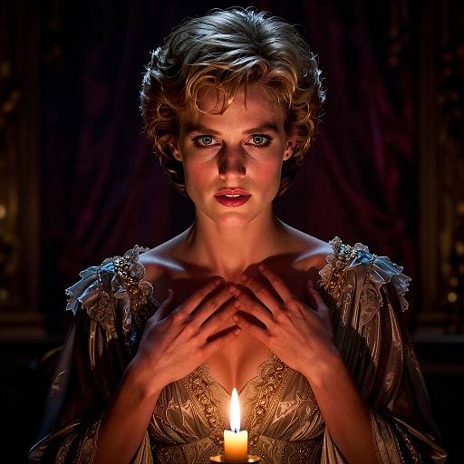 Photograph of a blonde woman with curled hair, wearing an ornate, dark dress, holding hands over a lit candle, illuminated by its glow,