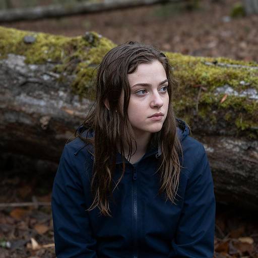 Young Woman in Forest with Mossy Tree
