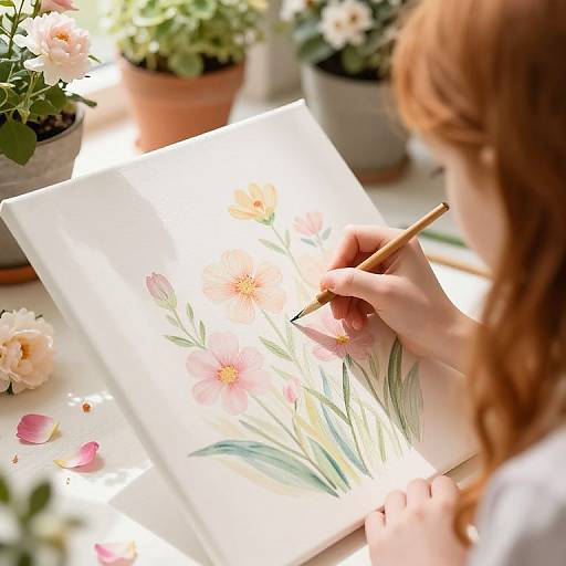Photograph of a red-haired woman painting delicate pink flowers on a white canvas, surrounded by potted plants and flower petals.
