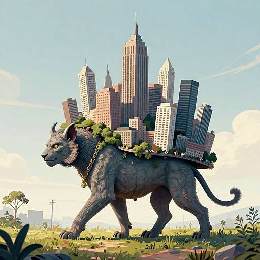 Digital illustration of a gray, muscular lion-like creature walking in a grassy field, carrying a miniature city of skyscrapers on its back, with