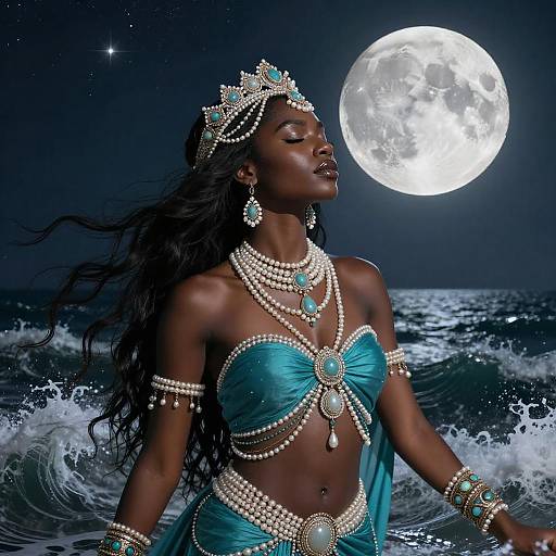 Mystical Dark-Skinned Woman by Moonlit Ocean
