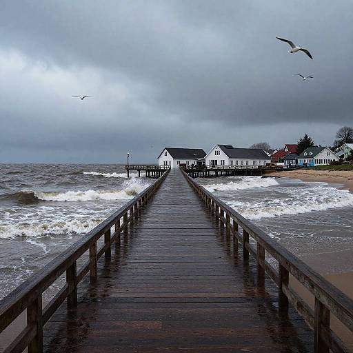 Photograph of a wooden pier leading to white beachside houses under a cloudy, overcast sky with waves crashing and seagulls flying.