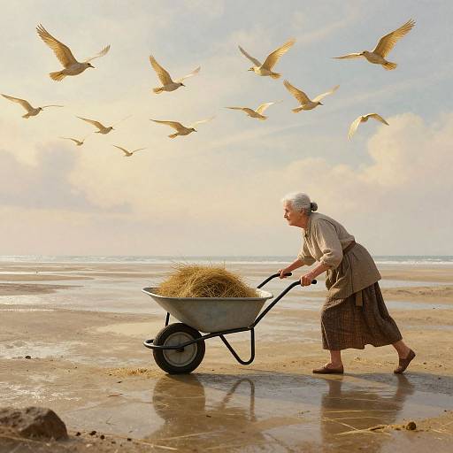 Photograph of an elderly woman with gray hair, wearing a beige blouse and brown skirt, pushing a wheelbarrow with hay on a sunny beach,