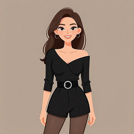 Digital illustration of a smiling woman with long brown hair, wearing a black off-shoulder jumpsuit, black tights, and hoop earrings, against