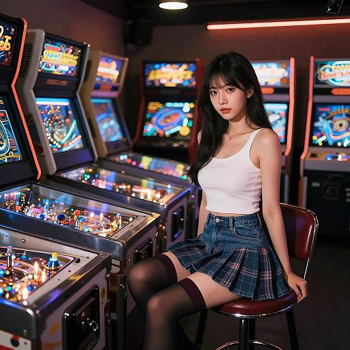 Photorealistic Arcade Scene with Denim Skirt