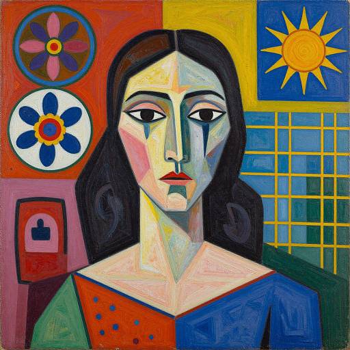 Bold, vibrant painting of a solemn woman with black hair, divided face, wearing colorful clothes, surrounded by abstract symbols and a sun.