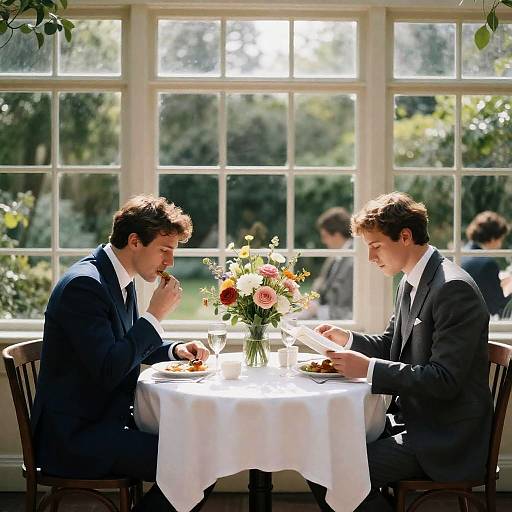 Two Men Dining in Sunlit Conservatory