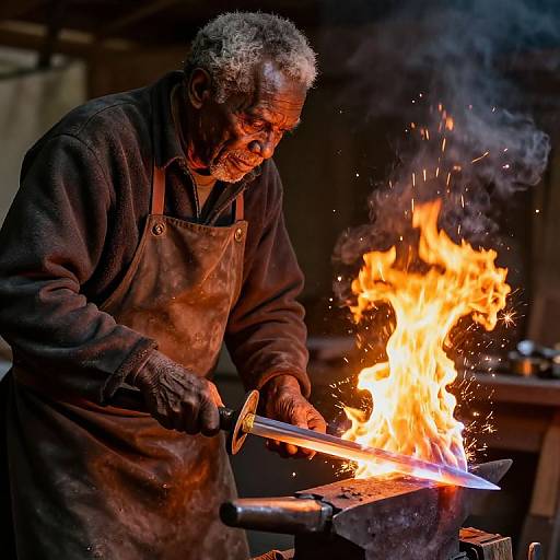 Photograph of an elderly blacksmith with curly grey hair and beard, wearing a brown apron, tending a fiery forge with sparks flying.