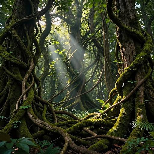 Photograph of a dense, mystical forest with sunbeams filtering through tall, twisted trees covered in lush green moss and tangled roots.