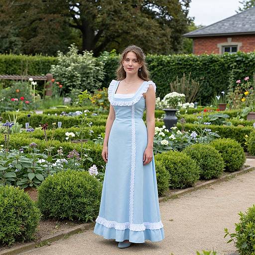 Photograph of a young woman with fair skin, long brown hair, wearing a light blue, white-trimmed, Victorian-style dress, standing in