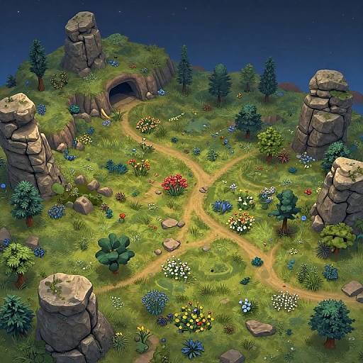 Digital art of a vibrant, moonlit meadow with colorful flowers, tall rocks, and a dark cave entrance, surrounded by trees.