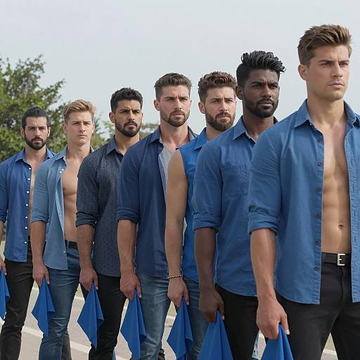 Six Muscular Men in Casual Blue Attire