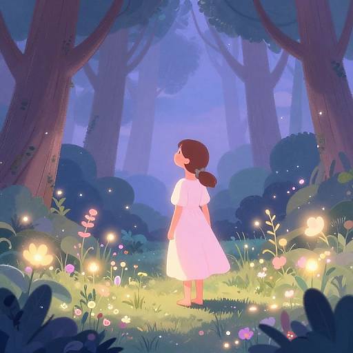 Digital illustration of a girl in a white dress standing in a glowing, enchanted forest with tall trees and bioluminescent flowers.