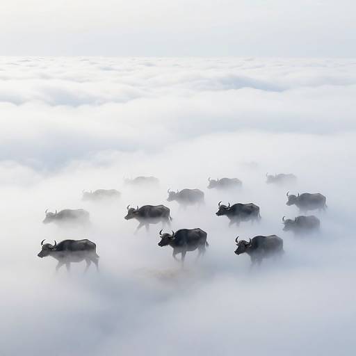 Photograph of eight dark silhouetted water buffalo walking through a dense, white mist, creating a serene, ethereal atmosphere.