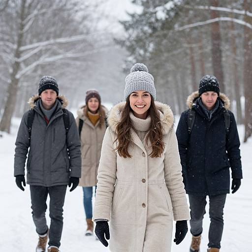 Photograph of four smiling people walking in a snowy forest; front woman in white coat and gray knit hat leads, three men in dark jackets follow.