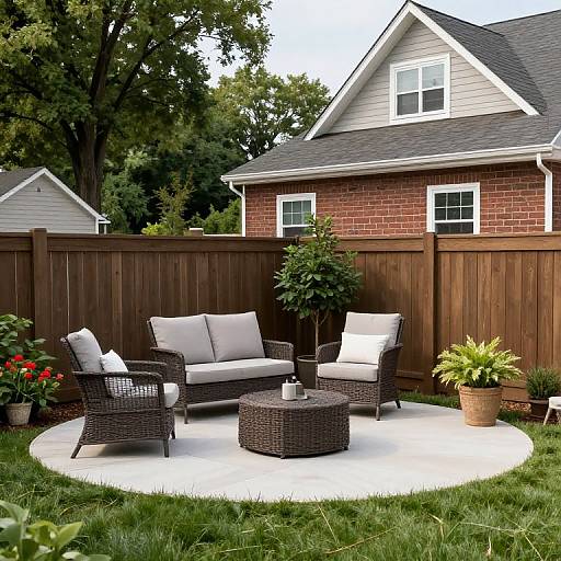Photograph of a suburban backyard with wicker furniture on a white circular patio, surrounded by a wooden fence and greenery.
