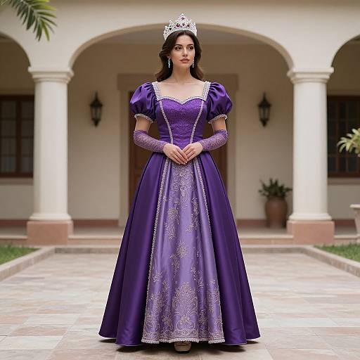 Photograph of a fair-skinned woman with dark hair wearing a purple, medieval-style gown with gold embroidery, silver tiara, and purple gloves,
