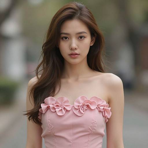 Photograph of an East Asian woman with long brown hair, wearing a pink strapless dress with floral details, standing on a blurred street.