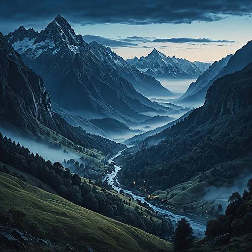 Misty Mountain Valley at Blue Hour