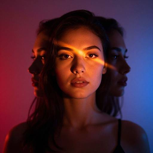 Photograph of a young woman with glowing orange light on her face, shadowed by two dark silhouettes, against a gradient blue to red background