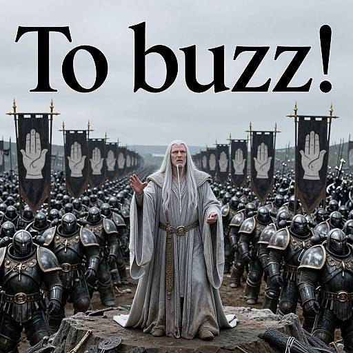 Photograph of an elderly white-robed nun standing among armored soldiers, raising her right hand with a solemn expression, 