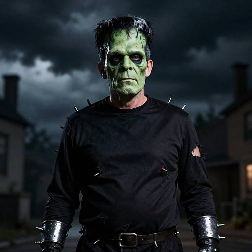 Photograph of a man with green face paint, dark spiked attire, and black gloves, standing in a stormy, dark street at night.