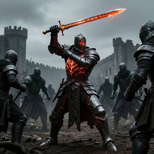 Digital art of a glowing red-armored knight wielding a fiery sword, surrounded by dark, armored enemies in a gloomy, castle-laden battlefield.