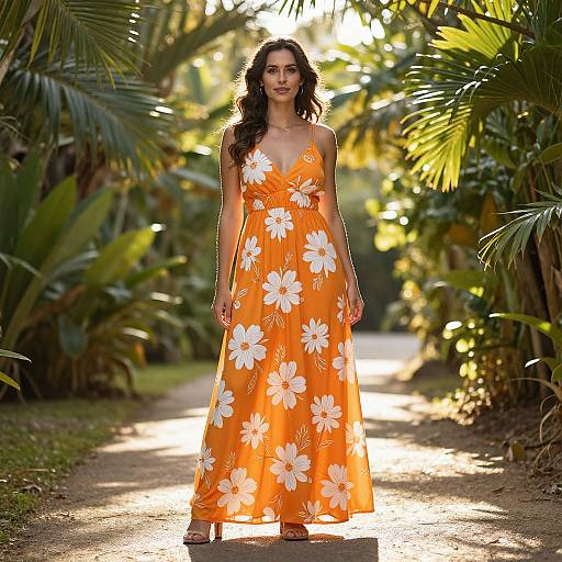 Woman in Orange Floral Maxi Dress