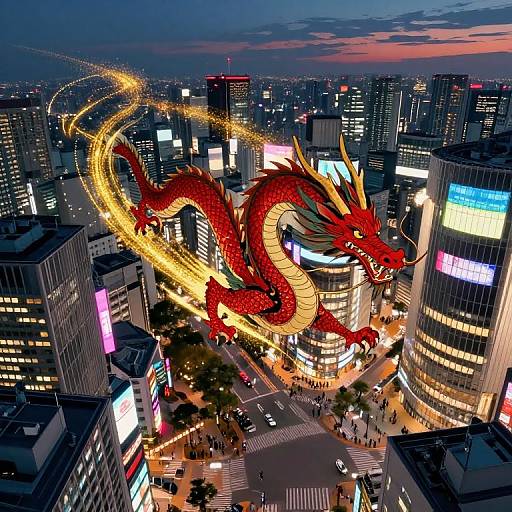 Digital artwork of a vibrant red dragon with glowing yellow trails flying over a brightly lit, bustling cityscape at dusk, surrounded by skyscrapers with illuminated