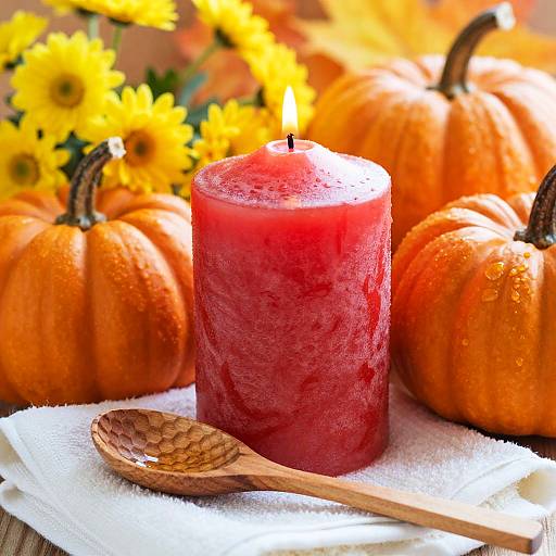 Red Candle with Pumpkins and Yellow Flowers