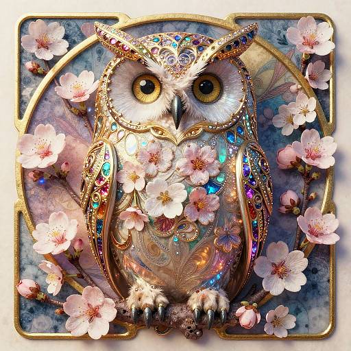 Art Nouveau Owl with Cherry Blossoms