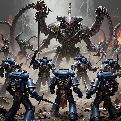 Digital sci-fi artwork: Robotic warriors in blue armor face off against a massive, menacing alien with multiple tentacles and red eyes in a smoky