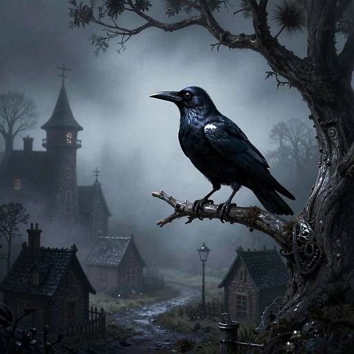 Whimsical Raven on Twisted Tree in Foggy Village