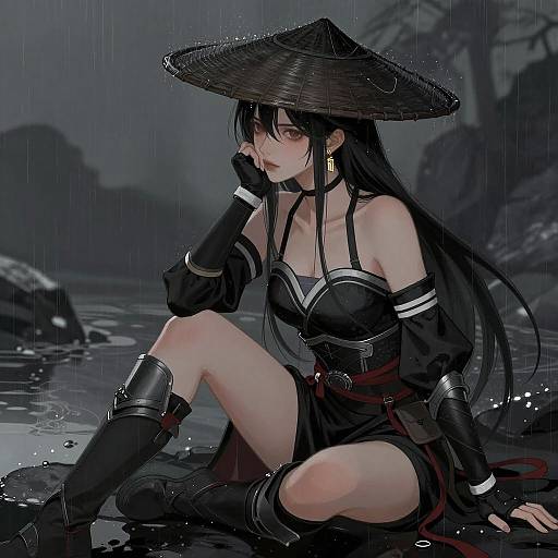 Female Warrior in Rain with Conical Hat