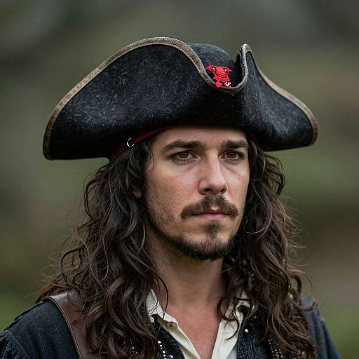 Photograph of a long-haired, mustached man with a stern expression, wearing a black tricorn hat with a red emblem, and a dark pirate