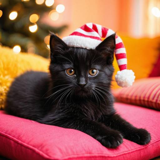 Black Kitten in Candy Cane Hat