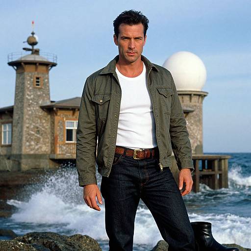 Photograph of a muscular man with short dark hair, wearing a green jacket, white shirt, and jeans, standing in front of a rocky lighthouse