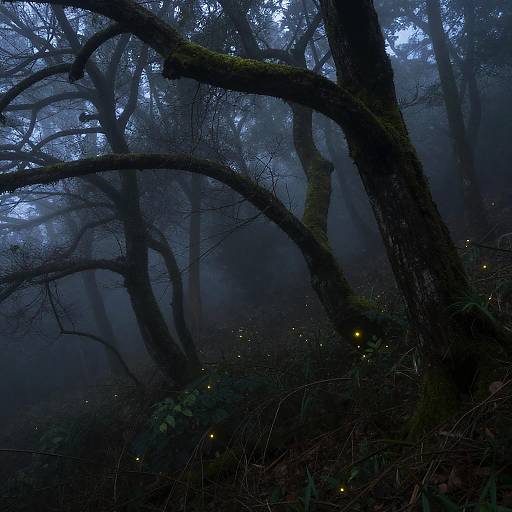 Misty Dark Forest with Fireflies