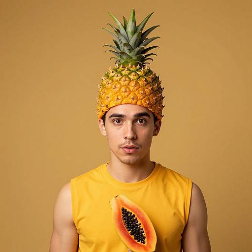 Photograph of a young man with light brown skin wearing a pineapple hat and yellow shirt with a papaya slice design, against a solid yellow background.