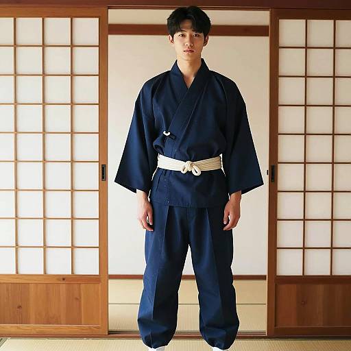 Young man in traditional midari costume indoors
