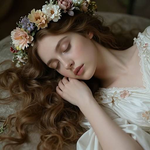 Photograph of a fair-skinned, brown-haired woman with closed eyes, wearing a white lace dress and a floral crown, lying peacefully on a textured