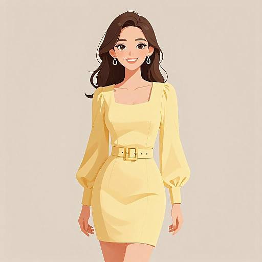 Digital illustration of a smiling woman with long brown hair, wearing a yellow long-sleeve dress with a belt, and large drop earrings. White background