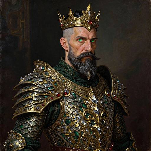 Digital painting of a stern, bearded king with green eyes, wearing an ornate gold crown, and elaborate armor adorned with red gems.