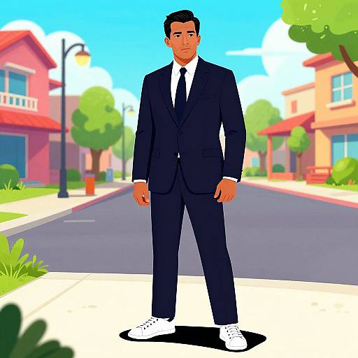 Digital cartoon of a tall, dark-skinned man in a black suit, white shirt, and tie, standing on a suburban street with colorful houses and