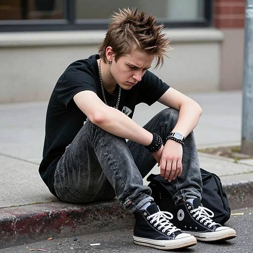 Photograph of a pensive, young, white man with spiked brown hair, wearing black t-shirt, jeans, and black Converse sneakers, sitting