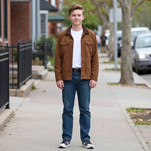 Photograph of a young Caucasian man with short brown hair, wearing a brown denim jacket, white t-shirt, blue jeans, and black sneakers, standing